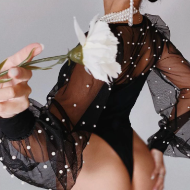 Zura - Body Top Black Chic Woman con maniche trasparenti in rilievo bianco